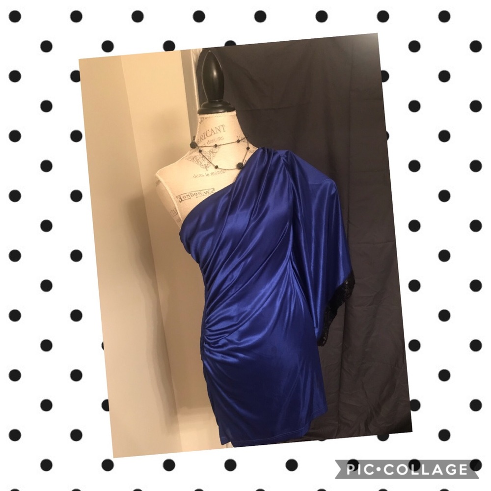 Adrianna Papell Blue Satin & Black Sequin Dress